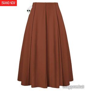 High Waisted Pleated Midi Skirt with Pockets, Flowy A-Line Design